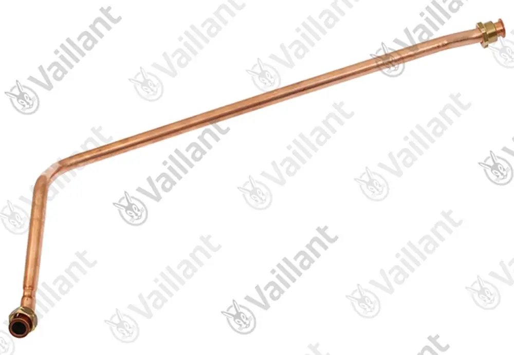Kupferrohr von Vaillant mit einer gebogenen Form und zwei Anschlussstücken. Geeignet für Heizungsinstallationen oder ähnliche Anwendungen.